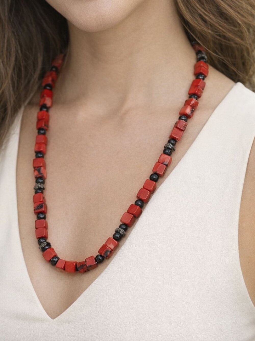 Vintage Boho Red Bamboo Coral Cubes Black Bead & Oxidized Silver Tone Necklace